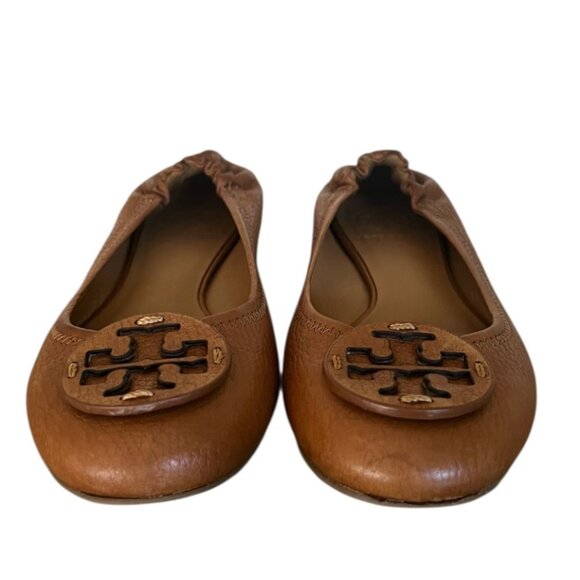 Tory Burch Women's Casual Shoes Reva Flat Tan Logo Leather Size 7 - Picture 3 of 10